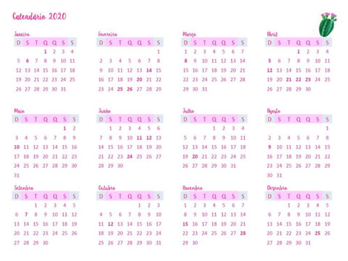 Calendário 2020 Cactos Suculentas Sem Propaganda Planner Pdf