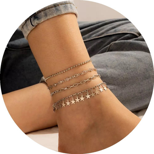 Tobilleras Cadena Estrellas Plateadas Pulsera Sandalia Set