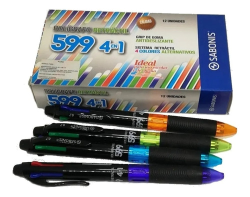 12 Bolígrafos Pluma Retráctil De 4 Colores Sabonis Fb-599
