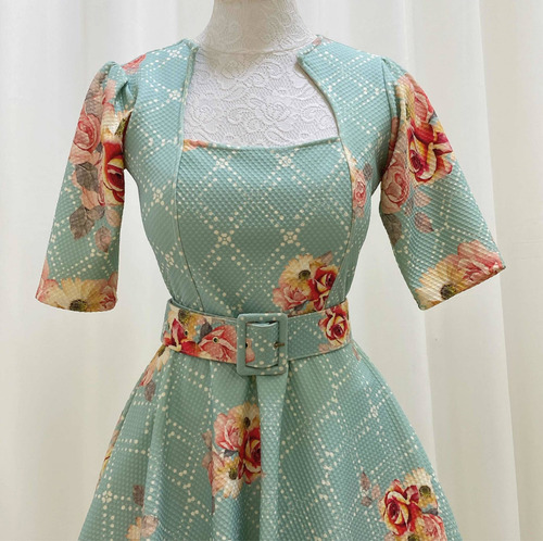 Imagem 6 de 7 de Vestido Social Evangelico Rodado Verde Claro Floral