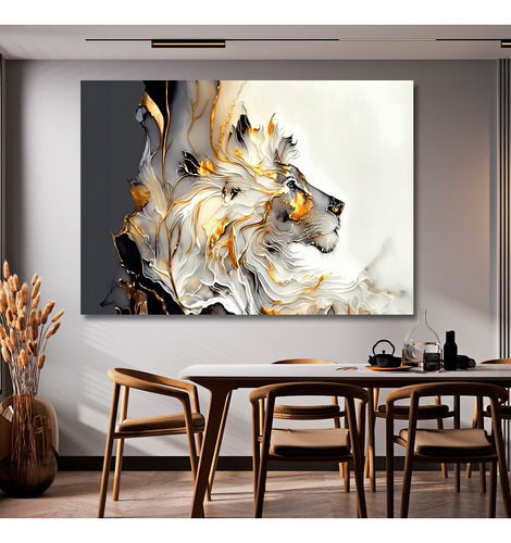 Cuadro Leon Rey Dorado Canvas Sala Elegante 135x80 Animal 43