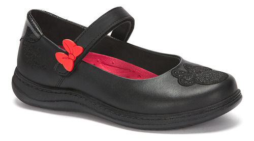 Flat Minnie Para Niñas De Piel Tipo Escolar Con Velcro Negro