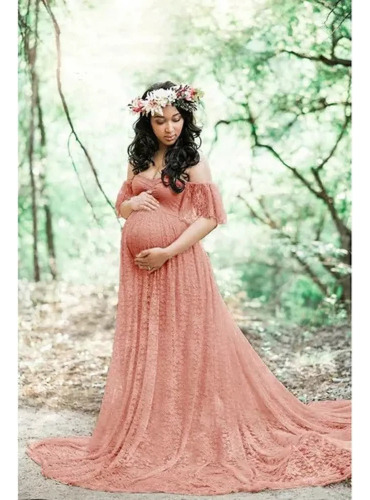 Elegante Vestido De Noche Largo De Encaje De Maternidad