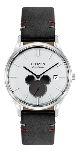 Reloj Citizen 61560 Bv1130-03w Unisex Mickey Mouse Shadow Color de la correa Negro Color del bisel Plateado Color del fondo Blanca