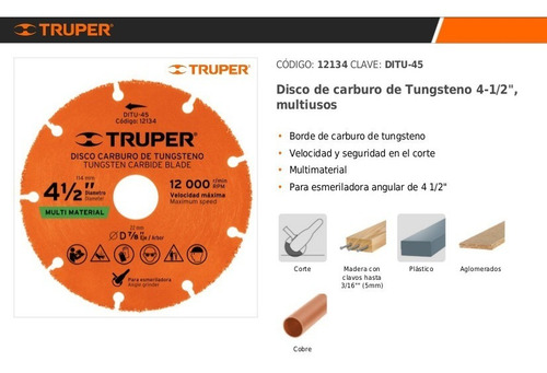 Imagen 3 de 4 de Disco De Carburo De Tungsteno 4-1/2 Truper Multipropósito