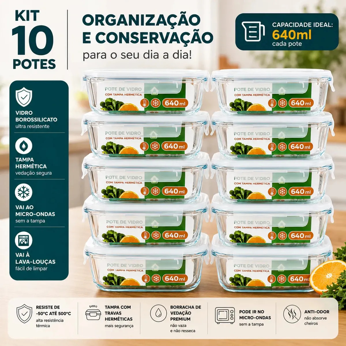 Kit 10 Potes Herméticos De Vidro 640ml Haushop Tampa Vedação Firme Para Geladeira E Despensa Organização  Da Cozinha Transparente
