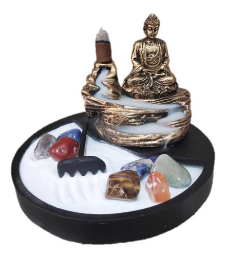 Jardim Zen Incensario Buda Cascata Pedra 7 Chakras + Brinde Cor Dourado-escuro Liso