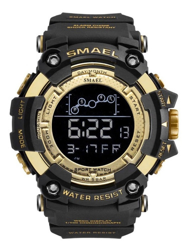 Relógio de pulso Smael 1802 com corpo preto,  digital, para masculino, fundo  preto, com correia de resina cor preto, subdials de cor cinza, ponteiro de minutos/segundos cinza, bisel cor preto e dourado, luz azul-celeste e fivela dupla