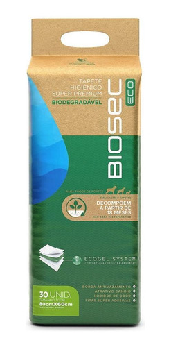 Tapete Higiênico Biodegrável Biosec Eco 80x60cm 30 Unidades