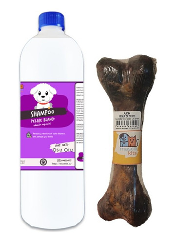 Kit Shampoo Para Perro Pelaje Blanco 1lt + Hueso Fémur Cerdo