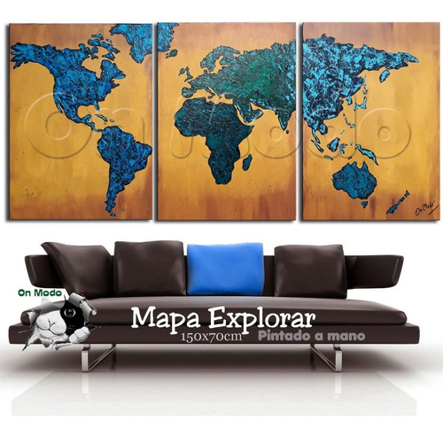 Cuadros Mapa Tripticos Decorativos Mapamundi Planisferio Atlas Texturados Pintados A Mano