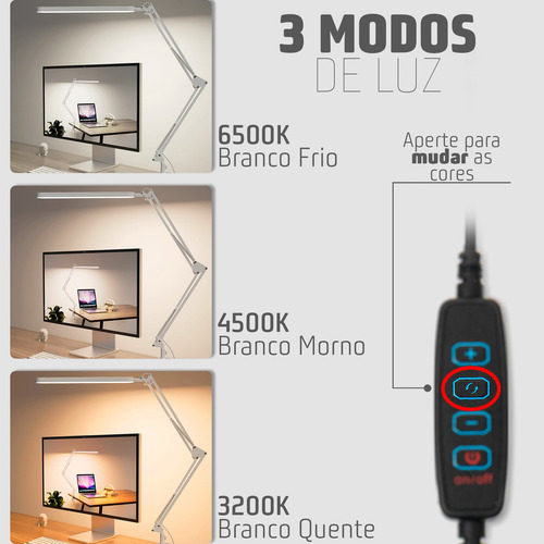 Luminária Mesa Barra Articulada Base Fixa E Garra Luz Led