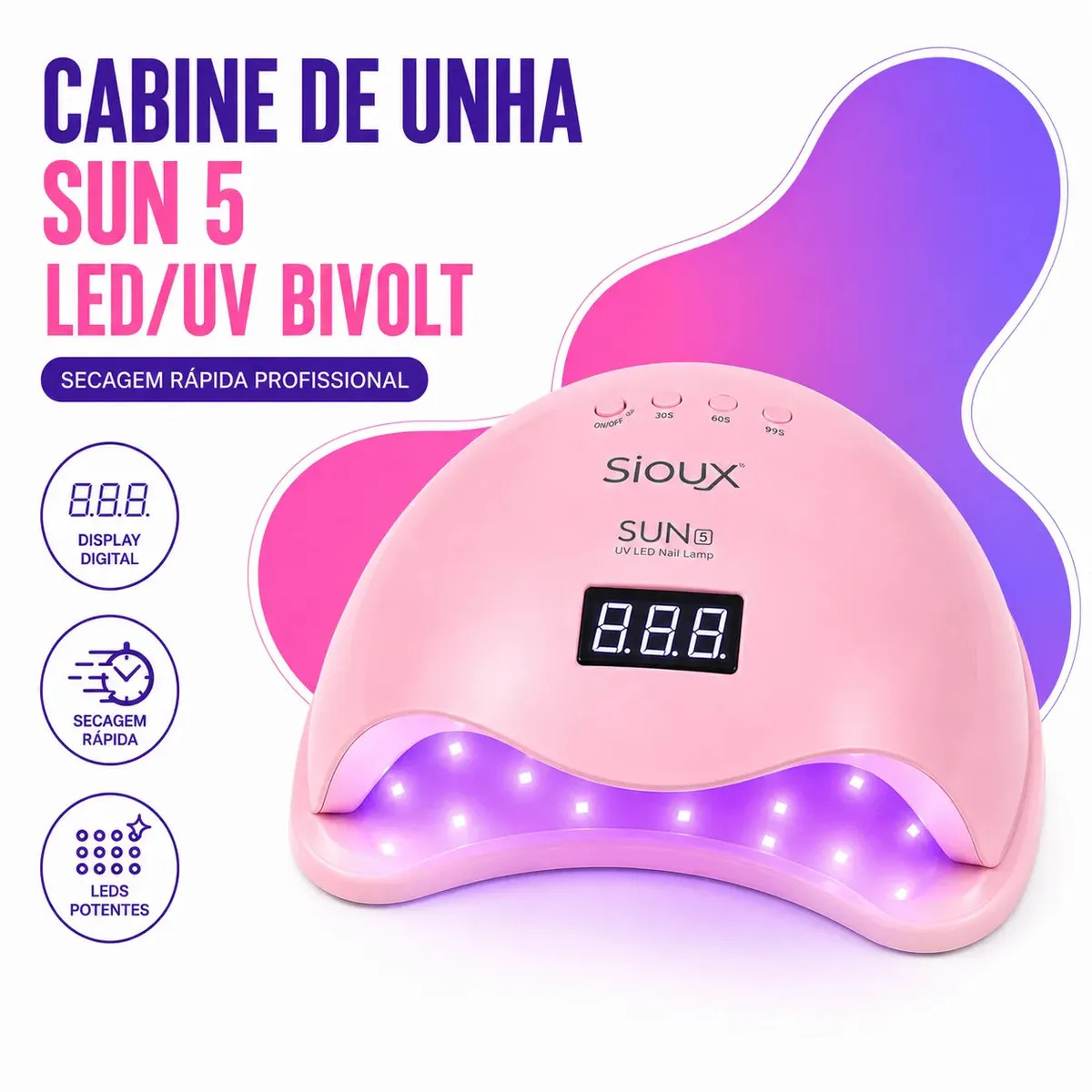 Cabine Seca Esmalte Sun5 Maquina Unha Gel Bivolt Alongamento Rosa