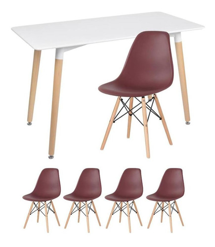 Kit Mesa Jantar Eames Retangular  4 Cadeiras Eiffel Wood Av Cor da tampa Mesa branco com cadeiras marrom