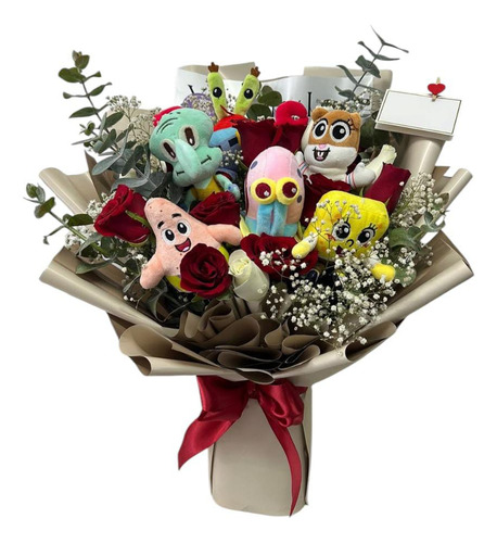 Espectacular Ramo De Peluches Bob Esponja Y Flores Eternas
