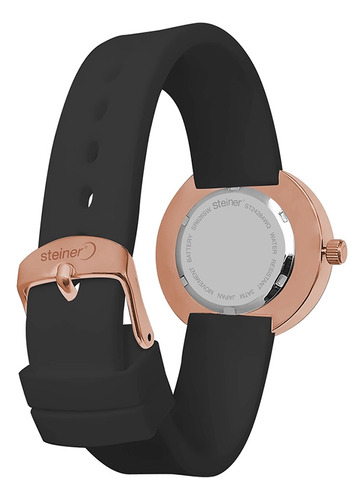 Reloj Para Mujer Números Romanos Steiner Con Fechador 37 Mm Correa Negro Bisel Oro rosa Fondo Negro