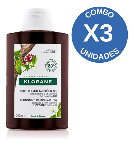 Pack X3 Quinina Shampoo Anticaída Fortificante Klorane 200ml