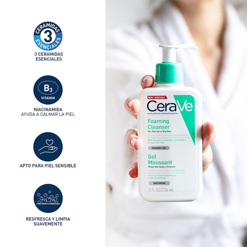 Imagen 4 de 5 de Gel Limpiador Espumoso Cerave 236 Ml Piel Normal A Grasa