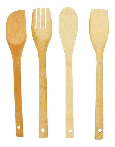 Kit Cozinha 5 Peças Bambu Utensílios Garfo Colher Espátula