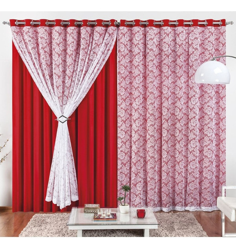 Cortina Para Sala De Renda Forro Malha 4.00m X 2.80m Varão Cor Vermelho