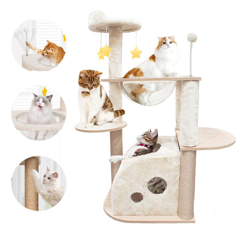 Pet King - Mueble Para Gatos Rascador Juguete Arbol Casa Esferas 105 Cm Color Beige Madera