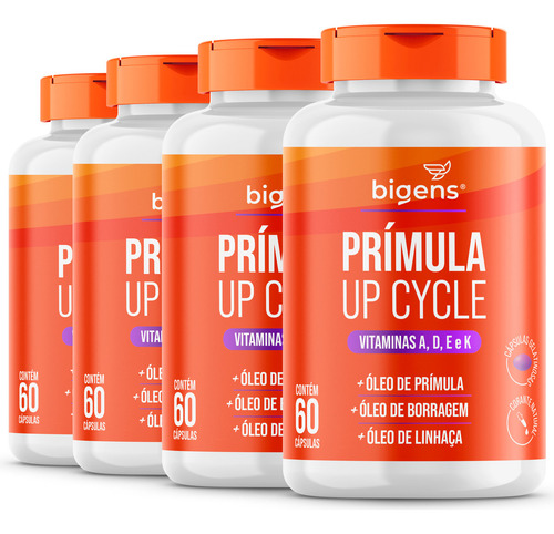 4x Prímula Up Cycle: Vitamina A, D, E, K + Óleo De Prímula, Borragem E Linhaça | 60 Cápsulas Softgel | Bigens