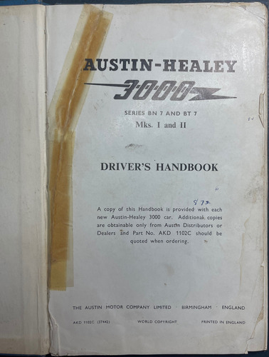 Austin Healey 3000 Mk1 Y Mk2 Manual De Usuario (Usado)