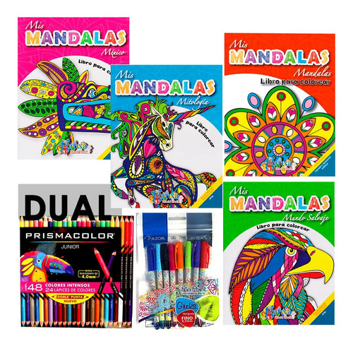  4 Libros Mandalas Anti Estres Colorear + Caja 48 Colores -.