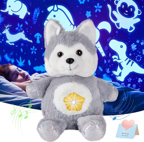 Peluche Perro Husky Proyector De Luz Musical 20 Canciones