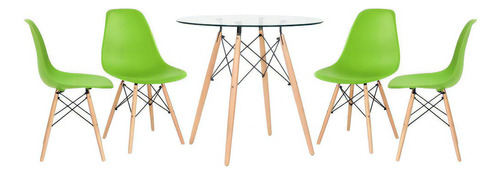 Kit Mesa Eames Wood 80 Cm Tampo Vidro 4 Cadeiras Eiffel Dsw Cor Da Tampa Verde-claro