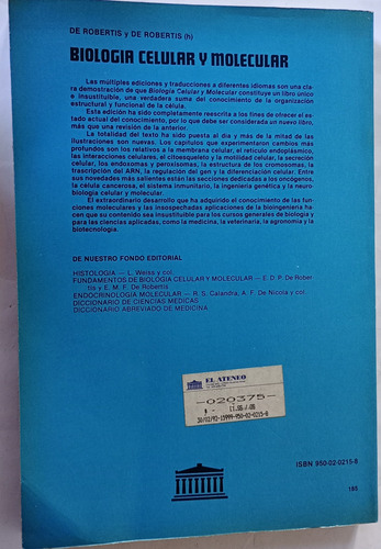 Biologia Celular Y Molecular De Robertis El Ateneo 1992 (Usado)