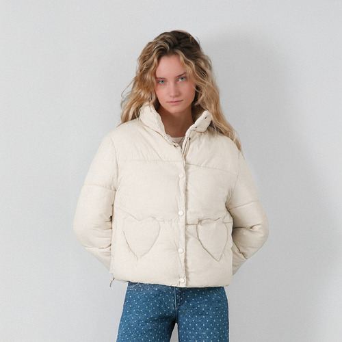 Chaqueta Puffa Bolsillo Corazón Beige Mujer Raindoor