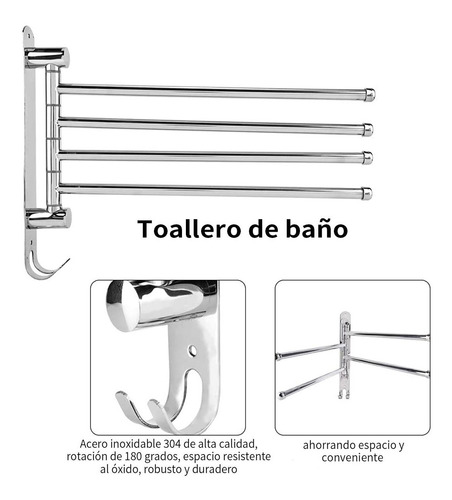 Imagen 4 de 10 de Colgador De Toalla Acero Inoxidable 4 Brazos 180 Grados Baño