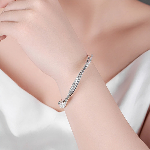 Imagen 3 de 7 de Pulsera Mujer Ajustable Chapa Plata Trenzada Brazalete Charm