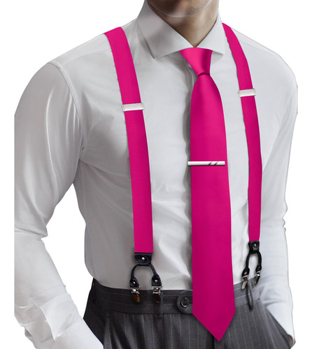 Barry.wang Conjunto De Clip De Corbata Con Tirantes Rosa Fue