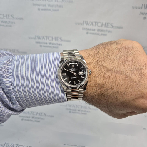 Rolex Day-date 40mm Presidente Ouro Branco & Diamantes Prateado Prateado Preto (Usado)