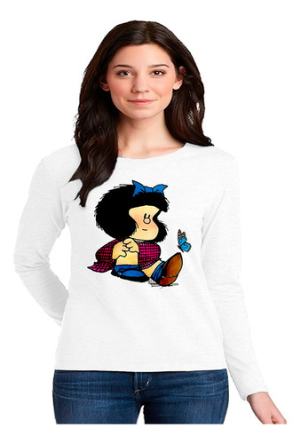 Polera Manga Larga Algodón Diseño Mafalda Sentada Mariposa