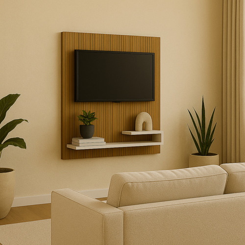 Estante Painel Para Tv Ripado Até 32 Polegadas Prateleira Cor Ripado Com Off White