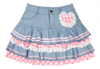 Saia Feminina Ruffle Cake Mini Denim Kawaii Para Uso Casual