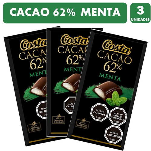 Chocolate Cacao 62%, Menta, De Costa - Pack De 3 Unidades. 