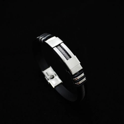 Bracelete Pulseira Masculina De Aço Prateada E Silicone