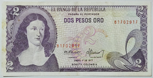 Billete 2 Pesos 01/ene/1977 Colombia Vf-xf