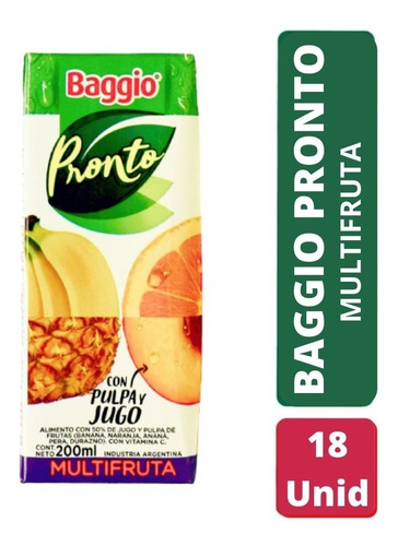 Imagen 1 de 6 de Jugo Baggio Multifruta 200ml Pronto Natural Pulpas Pack X18