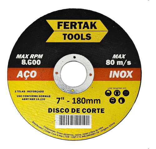 10 Discos De Corte Para Inox 180 X 1,6 - Fertak - 2814