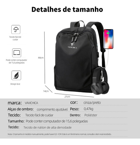 Mochila Para Notebook Masculina Vavichica Carregamento Usb Cor Preto Desenho Do Tecido Lisa