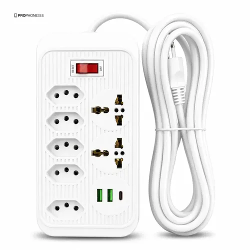 Extensão Elétrica 5 Tomadas 2 USB 1 Tipo C Pd Filtro de Linha com Proteção de Sobrecarga Tomada Universal Tripolar Cabo 5 metro Régua Energia Com Interruptor De Segurança Protetor De Surto Bivolt - R$ 74,21