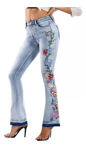 Jeans De Tiro Medio Con Bordado Floral For Mujer