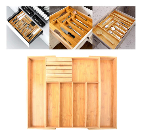 Bandeja De Cubiertos De Bambú Extensible Contenedor Cajón