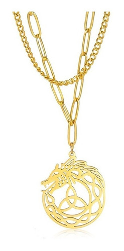Collar Dije Color Oro Dragón Ouroboros Amuleto Vikingo Mujer