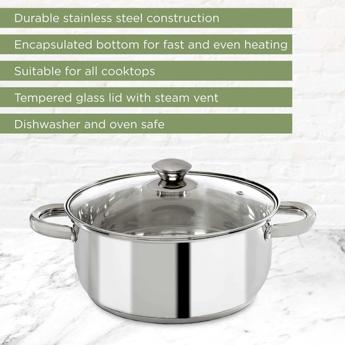 Olla De Acero Inoxidable 4,73 L Con Tapa De Vidrio Templado